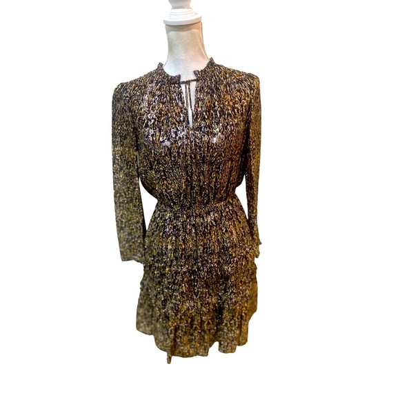 Ba&sh glen mini dress tiered skirt silk blend metallic long sleeve leaf print xs - Picture 7 of 15